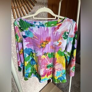 Cindy Oh Striated Vibrant Multicolor Summer Floral Wide Scoopneck Long Sleeve